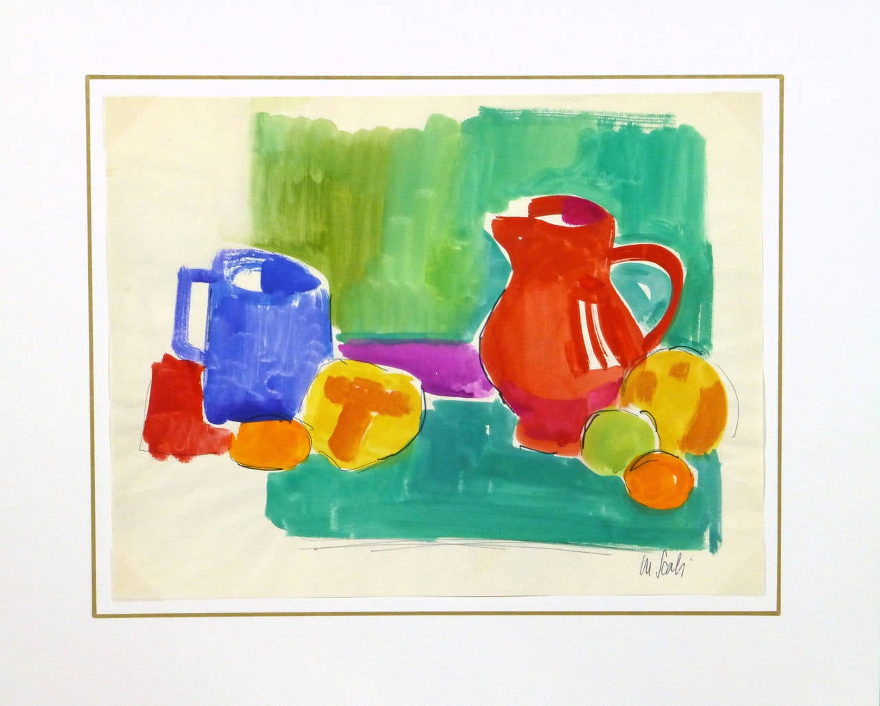 Brightly-hued still-life painting, featuring a pitcher, mug, and assorted fruits against a striking green background by French artist Madeleine Scali (1911-2000), circa 1960. Signed lower right. 

Original one-of-a-kind vintage artwork on paper