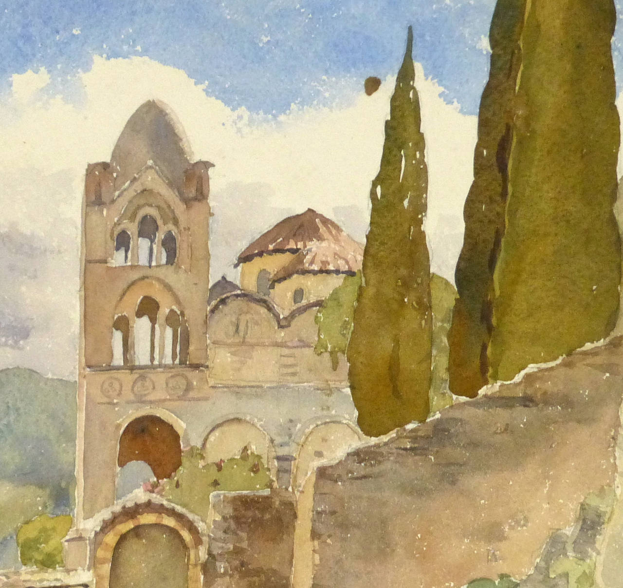 Antique French Watercolor Landscape - Art by Unknown