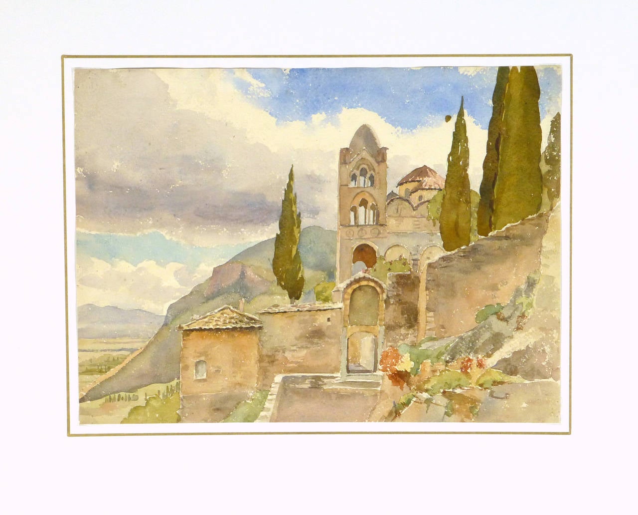 Antique French Watercolor Landscape - Beige Landscape Art by Unknown