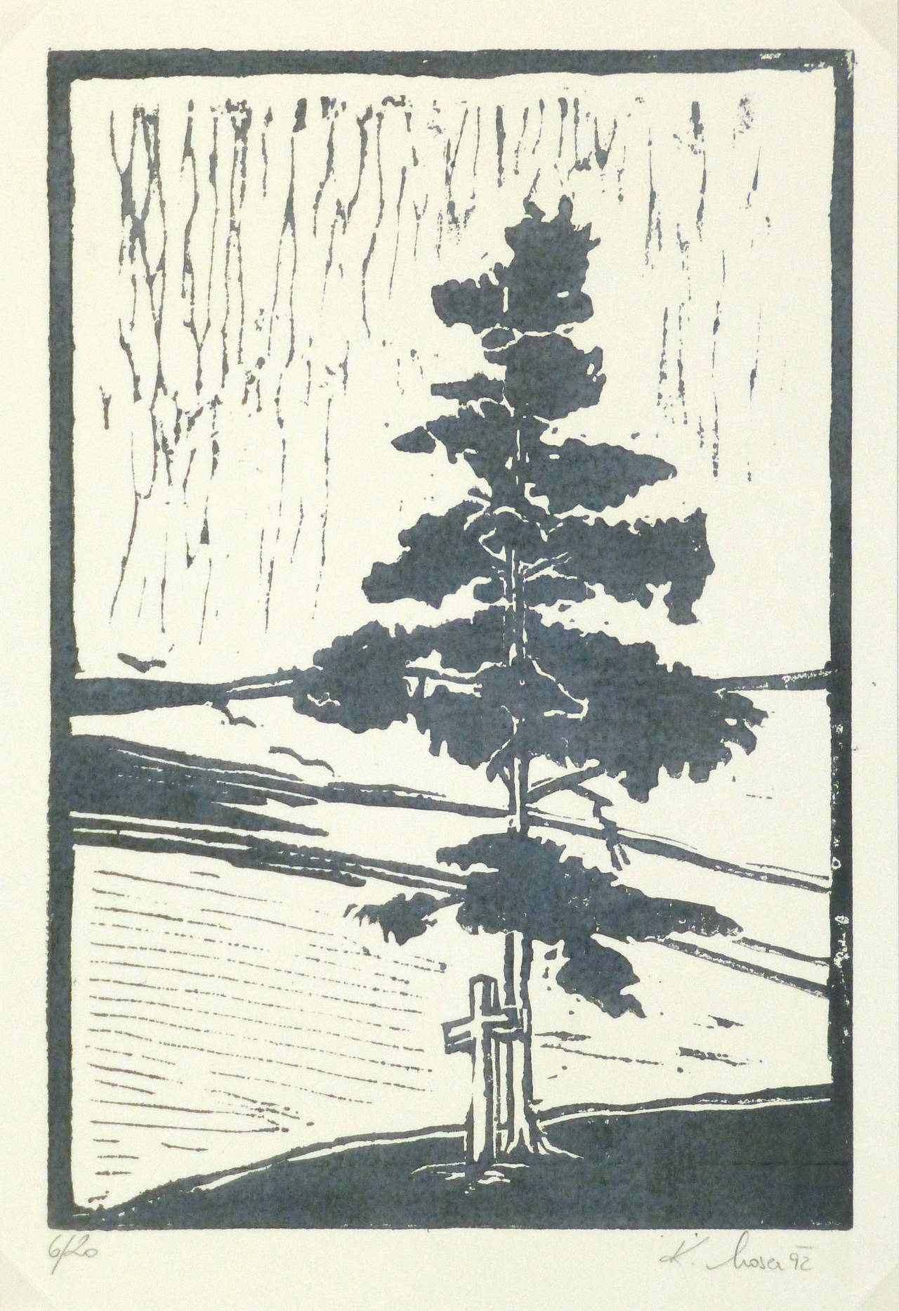 Unknown Landscape Print - Tree Landscape Linocut