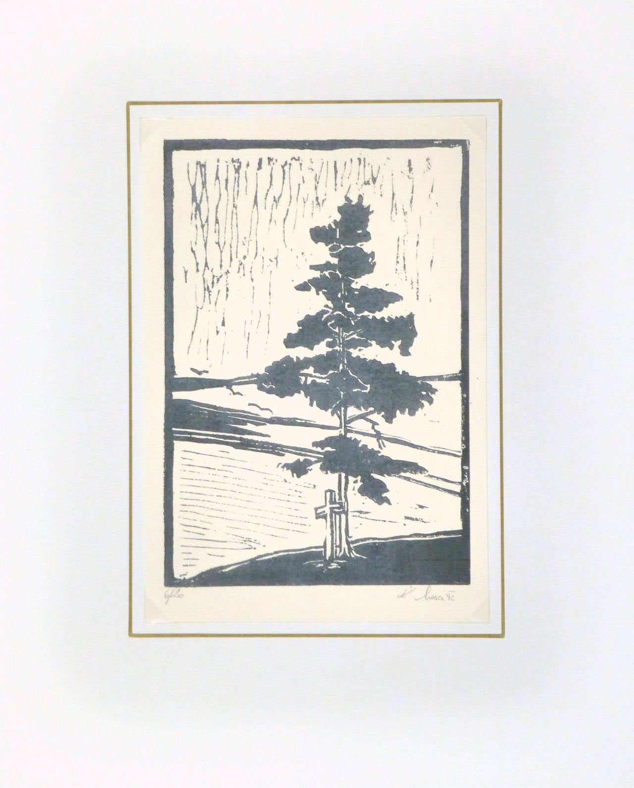 Tree Landscape Linocut - Other Art Style Print by Unknown