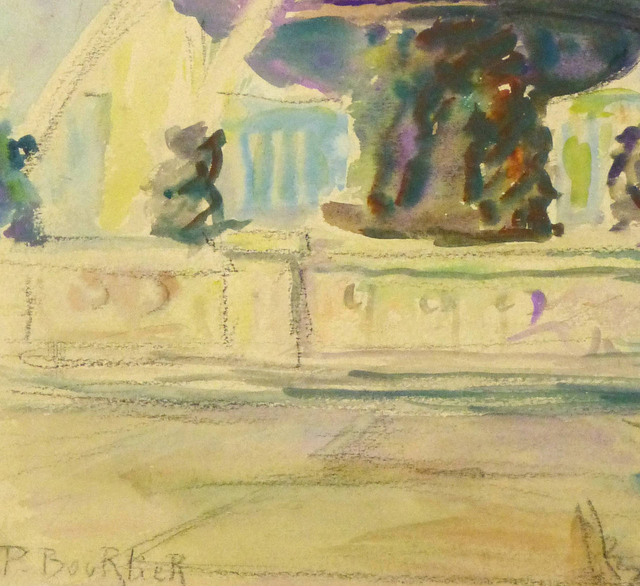 Französisches Aquarell im Vintage-Stil - Place de la Concorde, Paris – Art von Bourlier