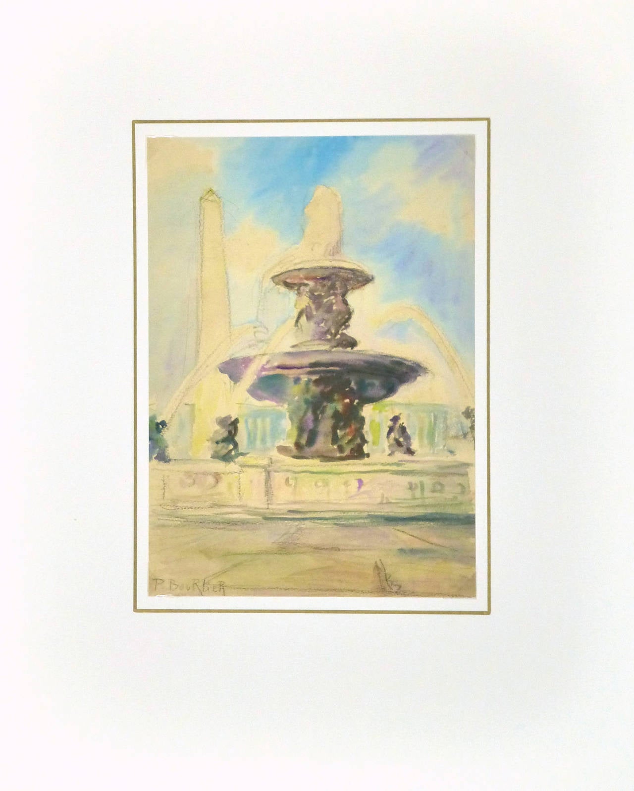 Französisches Aquarell im Vintage-Stil - Place de la Concorde, Paris (Braun), Landscape Art, von Bourlier
