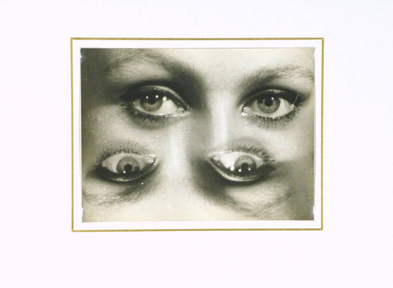 Vintage abstract silver gelatin photograph of super-imposed eyes by French photographer Layet, circa 1950.

Displayed on a white mat with a gold border and fits a standard-size frame. Archival plastic sleeve and Certificate of Authenticity