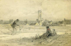 Vintage French Landscape Drawing - Villiers Saint Paul