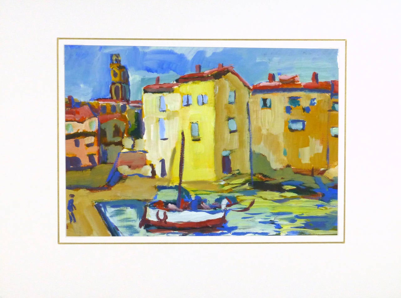 Lively and colorful French landscape acrylic painting on canvas paper features a bright port scene lined with villas, circa 1940. Artist unknown. 

Artwork on paper displayed on a white mat with a gold border. Mat fits a standard-size frame.