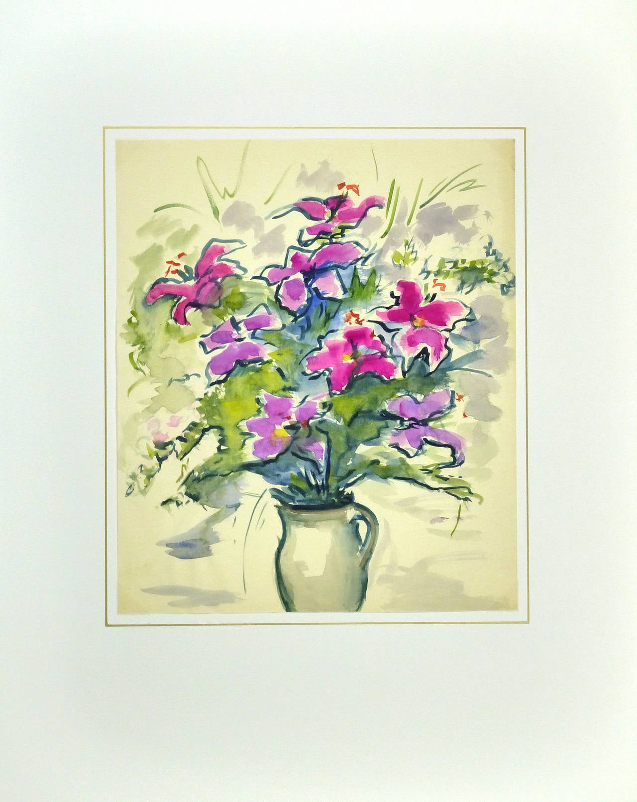 Splendid watercolor painting of bright lilies in magenta and purple arranged in a shining ceramic pitcher by French artist Madeleine Scali (1911-2000), circa 1960. Unsigned.

Original one-of-a-kind vintage work of art on paper displayed on a white