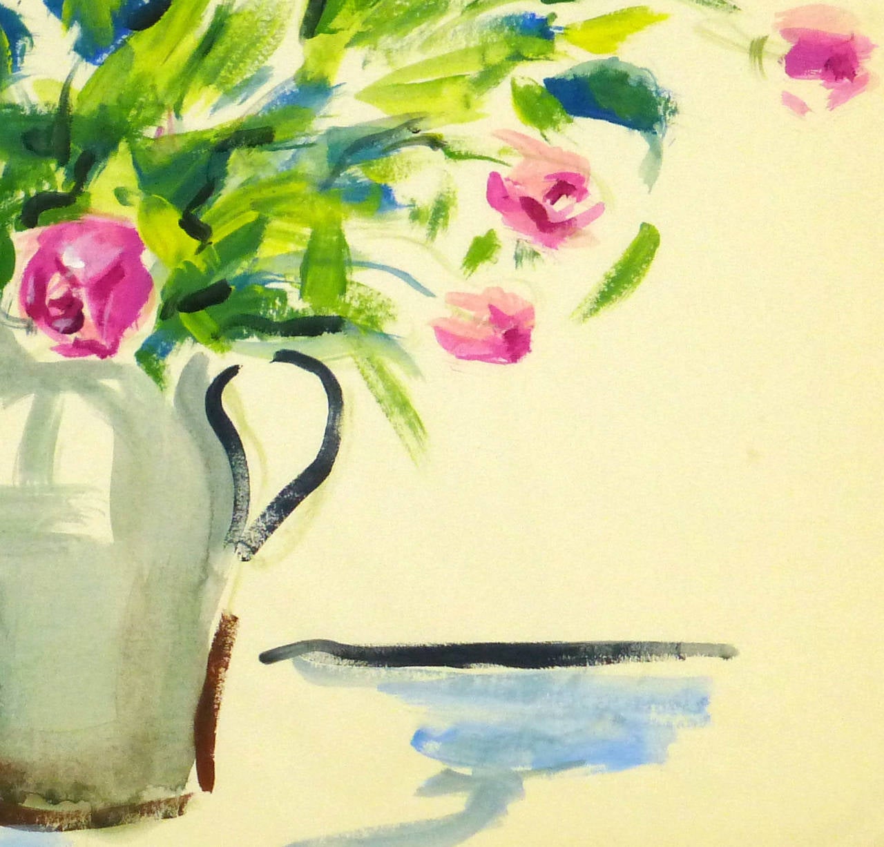 Effervescent acrylic painting of a charming arrangement of pink roses and small foliage placed in a ceramic pitcher by French artist Madeleine Scali (1911-2000), circa 1960. Unsigned.

Original one-of-a-kind vintage work of art on paper displayed