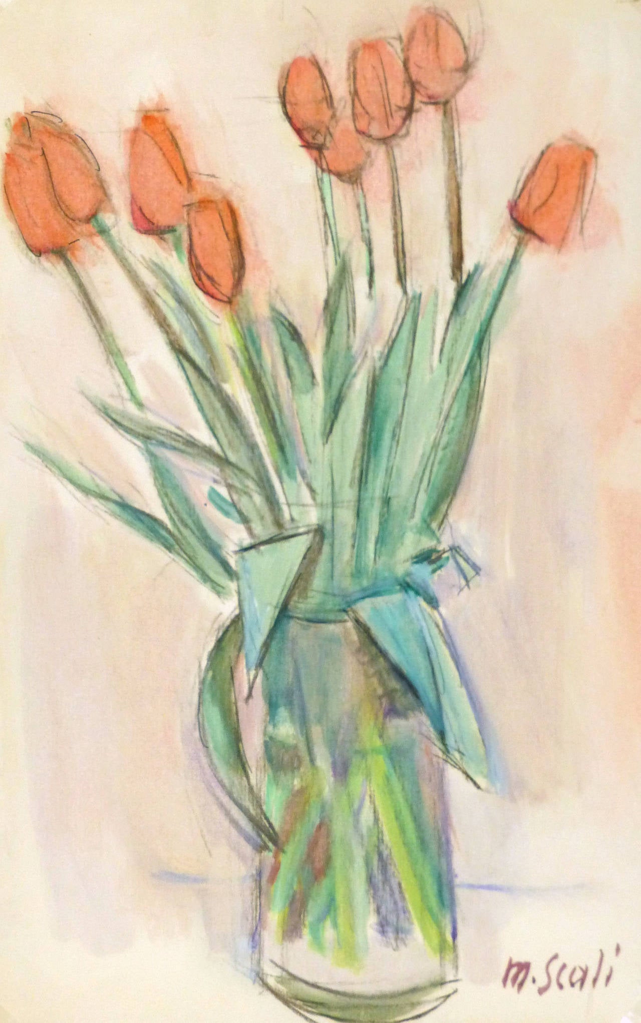 Madeleine Scali Still-Life - Vintage French Watercolor Still Life - Tulips and Crystal