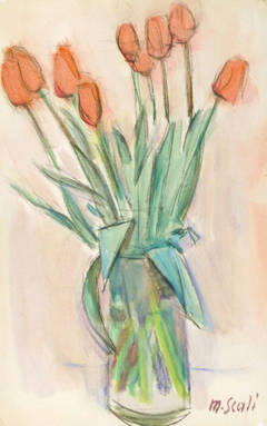 Vintage French Watercolor Still Life - Tulips and Crystal