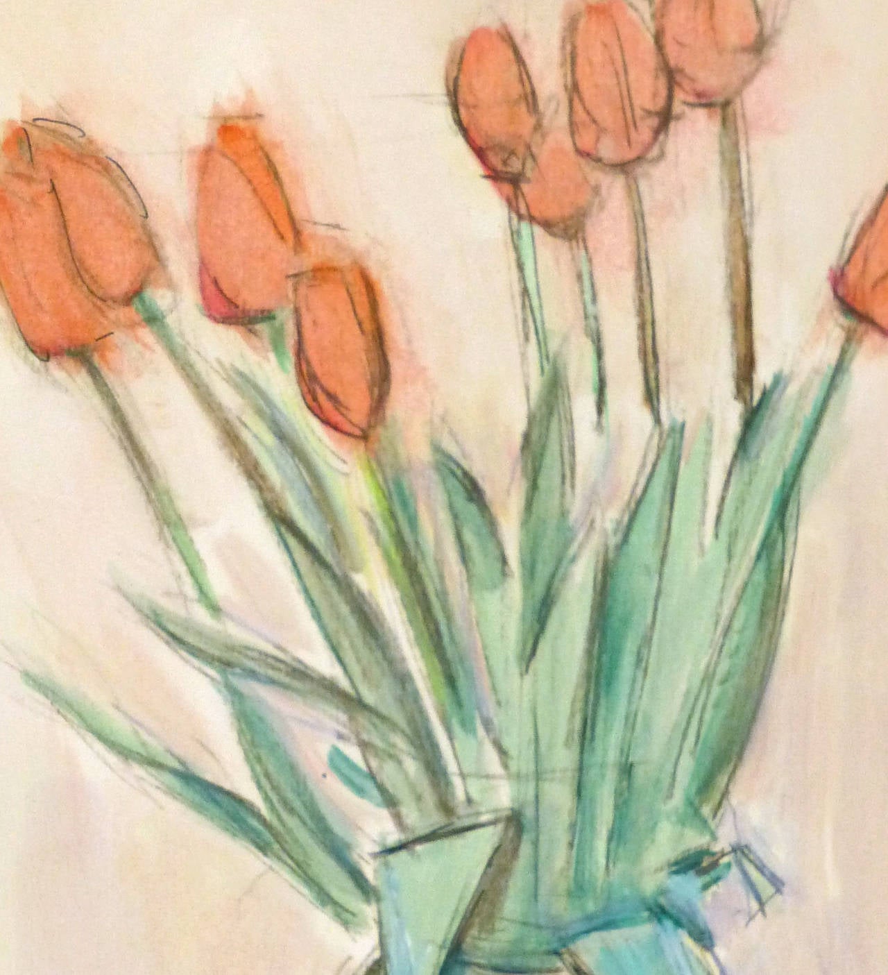 Serene watercolor and pencil still life of a lovely bouquet of red tulips arranged in a crystal vase by French artist Madeleine Scali (1911-2000), circa 1960. Signed lower right.

Original one-of-a-kind vintage work of art on paper displayed on a