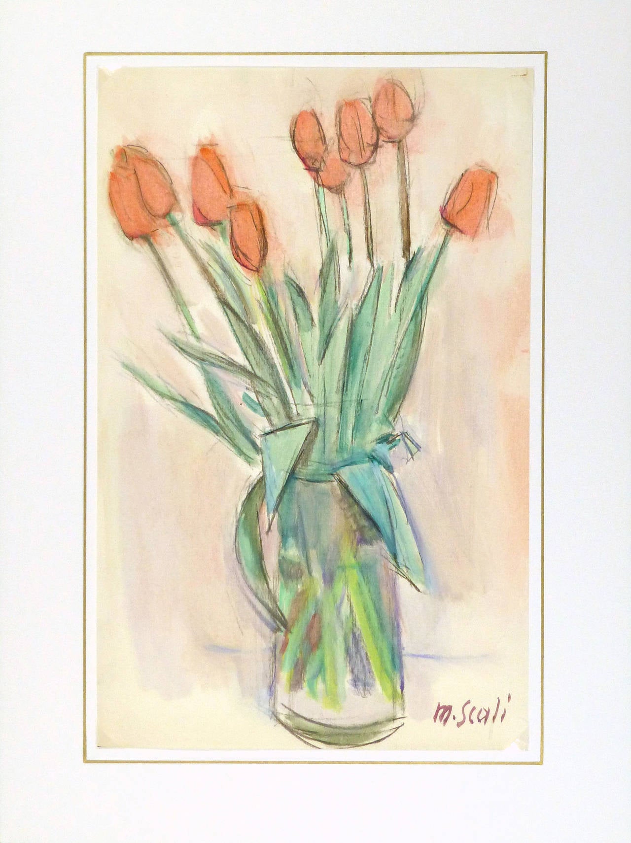 Vintage French Watercolor Still Life - Tulips and Crystal 1
