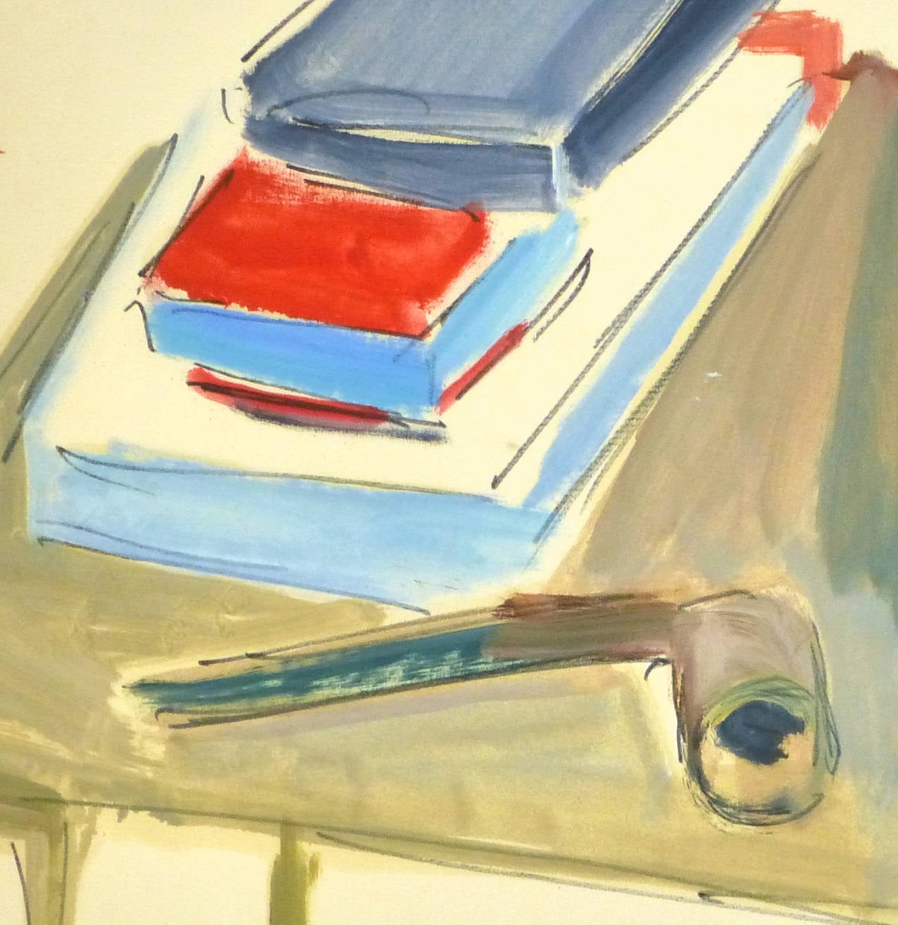Boldly colored acrylic still life painting of stacks of books and pipe atop a table by French artist Madeleine Scali (1911-2000), circa 1960. 

Original one-of-a-kind vintage work of art on paper displayed on a white mat with a gold border and fits
