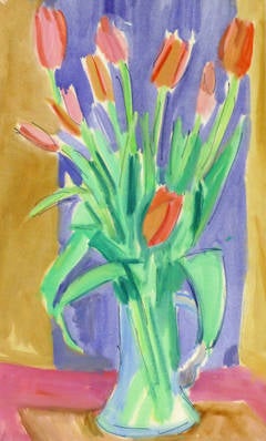 Vintage French Painting - Red Tulips