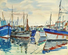 Vintage French Watercolor Seascape - Harbor Reflections