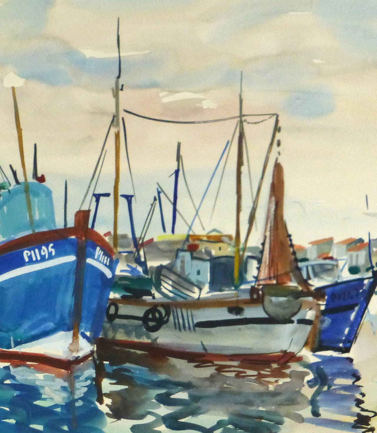 Vintage French Watercolor Seascape - Harbor Reflections - Art by Stephane Magnard