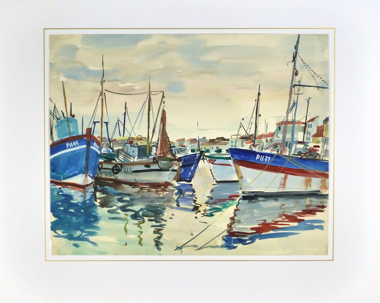 Outstanding maritime landscape of colorful boats docked in a harbor, their reflections glistening in the water by French artist Stephane Magnard (1917-2010), circa 1955. Unsigned.

Well travelled Stéphane Magnard was the resident artist to the
