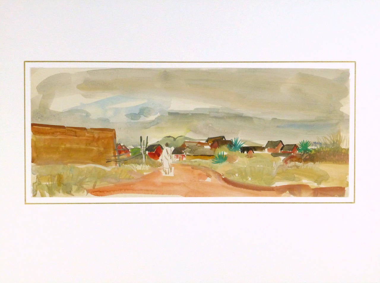 Captivating watercolor landscape of a figure on a Madagascar country road leading to a small African town by French artist Stephane Magnard (1917-2010), circa 1950. Unsigned.

Stéphane Magnard was the resident artist to the Governor of the then