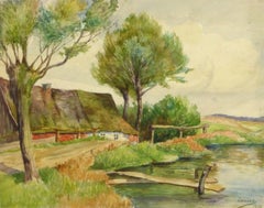 Antique French Watercolor Landscape - Riverside Road