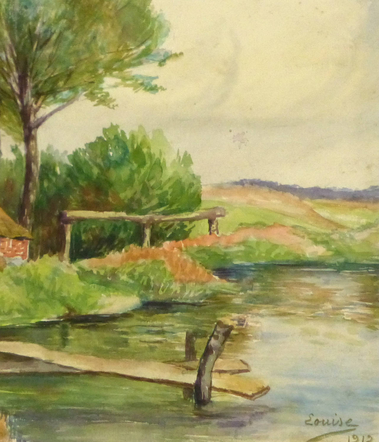 Antique French Watercolor Landscape - Riverside Road - Art by Unknown