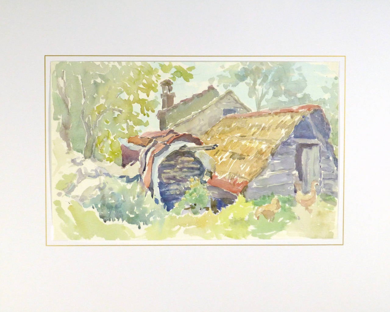 Vintage German Watercolor Landscape- The Barnyard - Beige Landscape Art by Wilhelm Kloden