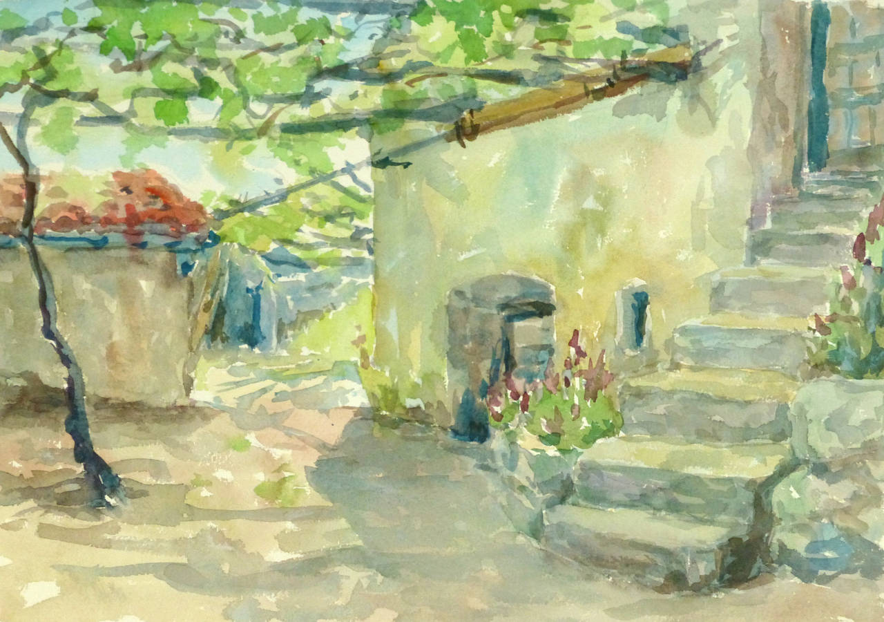 Wilhelm Kloden Landscape Art - Vintage Watercolor Landscape - Midday at the Villa Courtyard