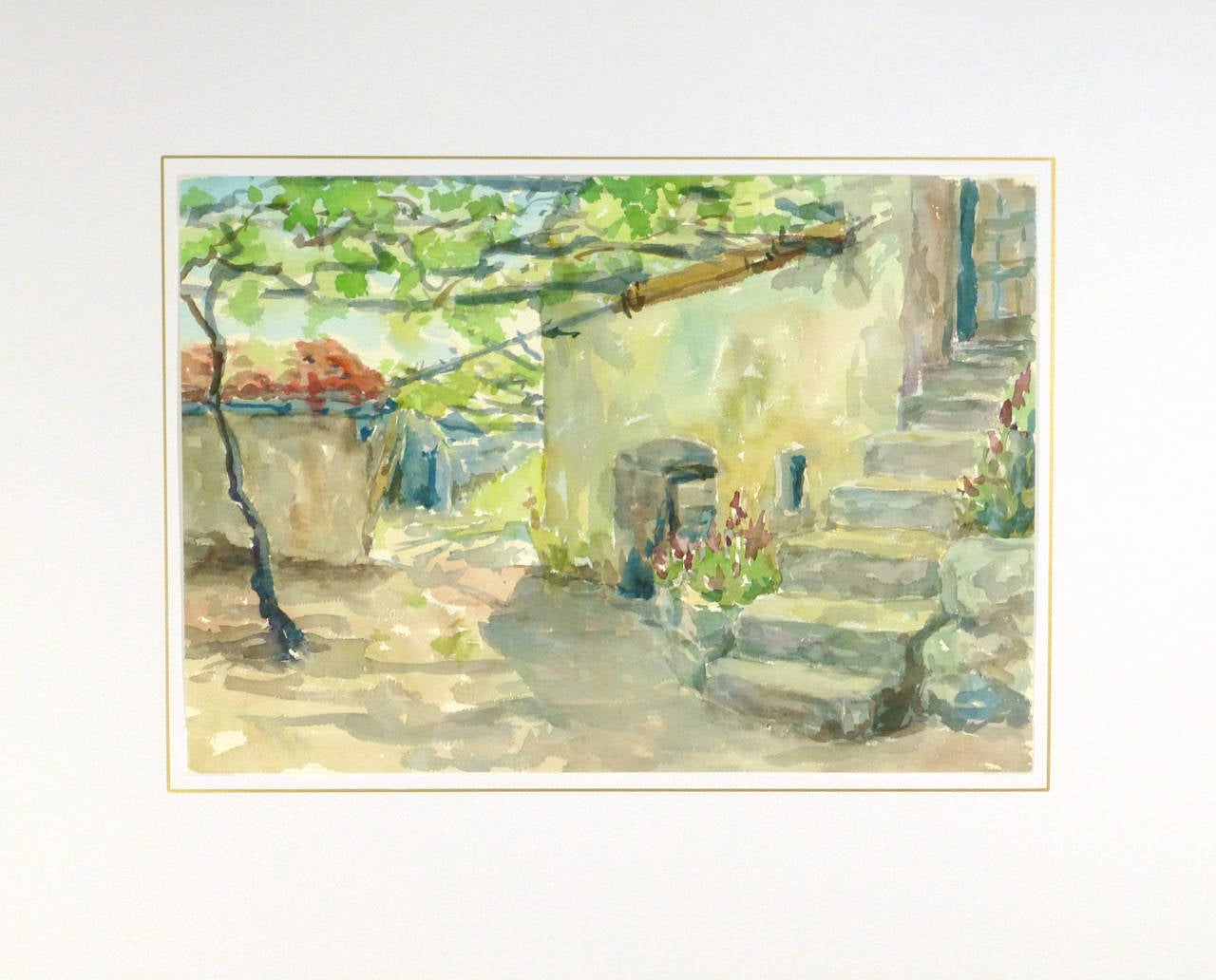 Vintage Watercolor Landscape - Midday at the Villa Courtyard - Beige Landscape Art by Wilhelm Kloden