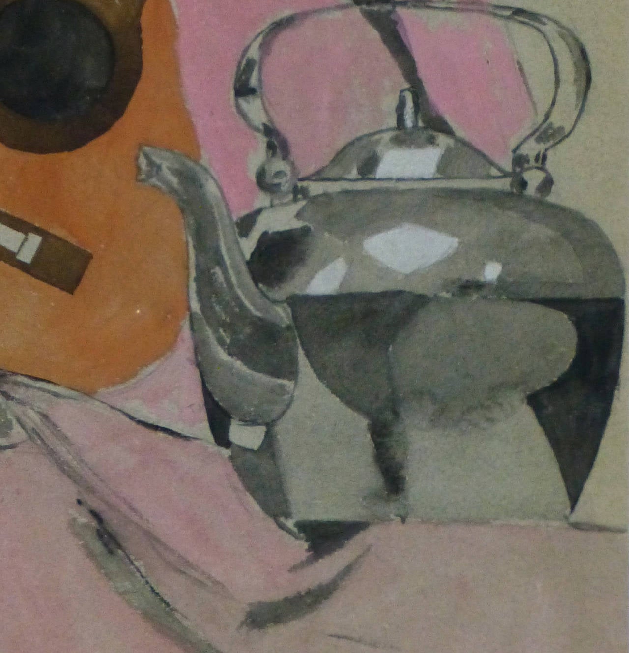 French watercolor and charcoal still-life study of a gleaming teakettle and a mandolin, circa 1930.

Original one-of-a-kind vintage work of art on paper displayed on a white mat with a gold border and fits a standard-size frame. Archival plastic
