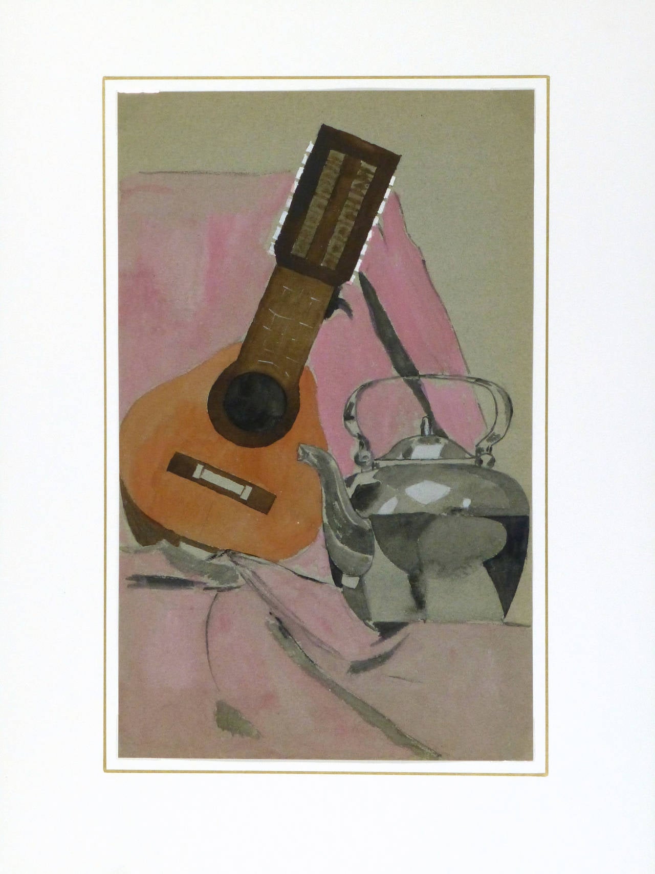Aquarelle française et étude de nature morte au fusain d'une bouilloire brillante et d'une mandoline, vers 1930.

Œuvre d'art originale sur papier, unique en son genre, présentée sur un passe-partout blanc avec une bordure dorée et adaptée à un