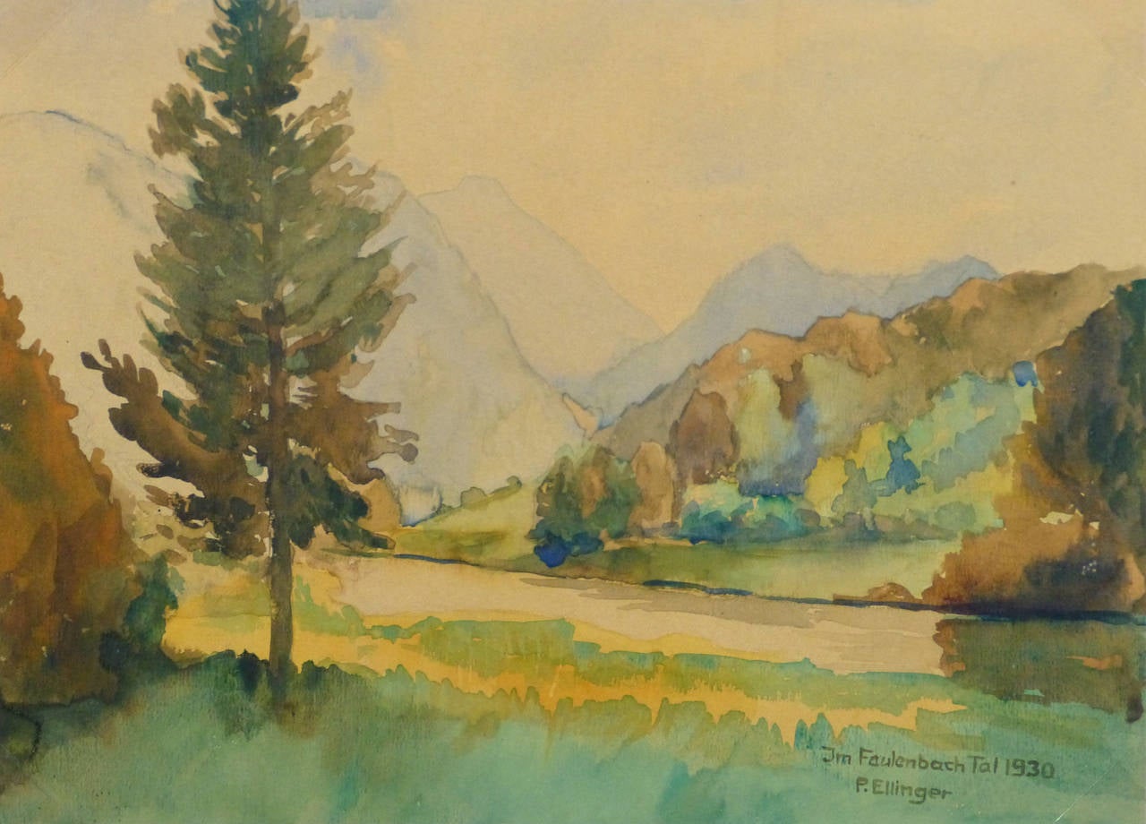 Paul Ellinger Landscape Art - Vintage Watercolor Landscape - Faulenbach River