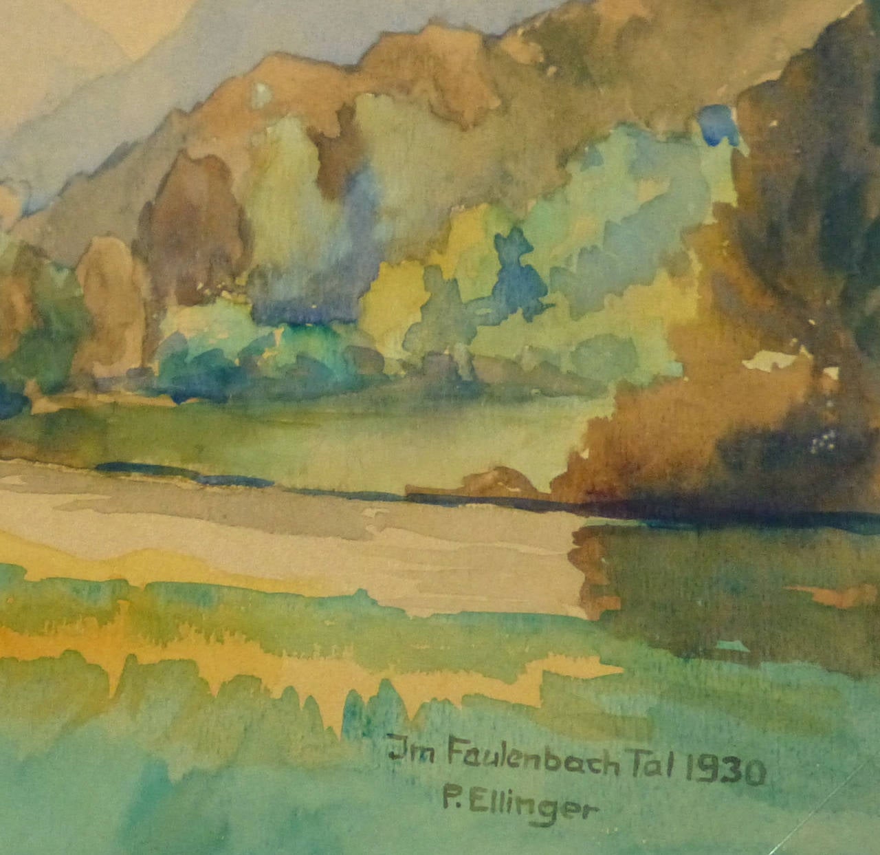Vintage Watercolor Landscape - Faulenbach River - Brown Landscape Art by Paul Ellinger