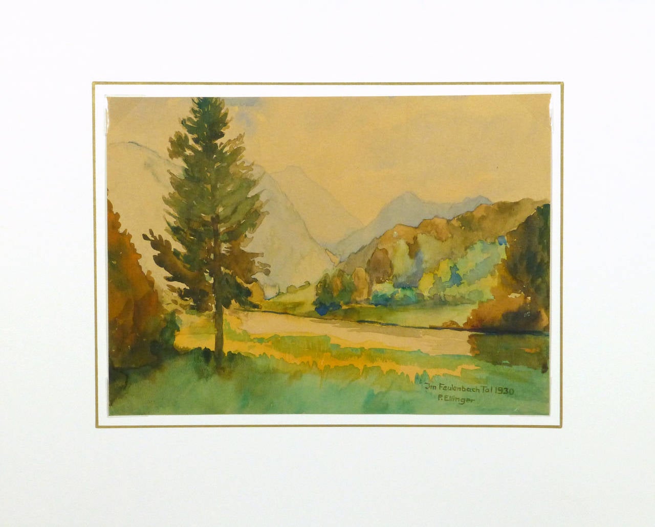 Simply serene watercolor painting of a peaceful scene of the Faulenbach river in Germany by Paul Ellinger, 1930. Signed, titled and dated lower right.

Original one-of-a-kind vintage work of art on paper displayed on a white mat with a gold border
