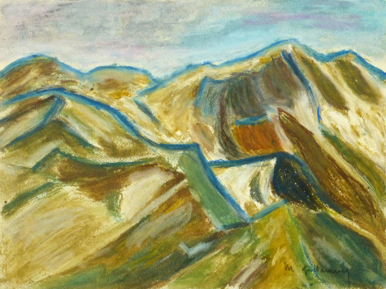 M. Guillaumey Landscape Art - Vintage Oil Pastel Landscape - Mountain Peaks