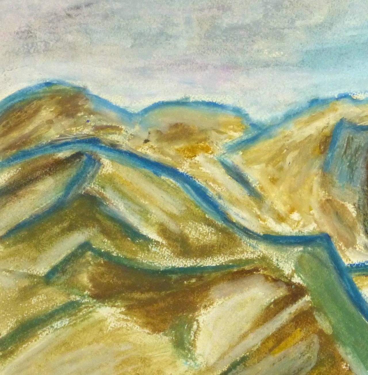 Vintage Oil Pastel Landscape - Mountain Peaks - Brown Landscape Art by M. Guillaumey