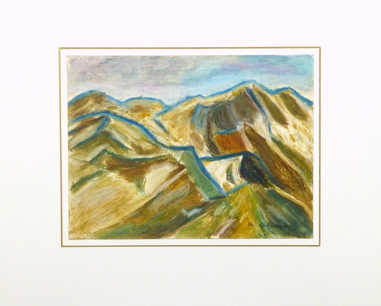 Distinct French oil pastel landscape of an overhead view of mountain peaks by artist M. Guillaumey, circa 1960. Signed lower right.

Original one-of-a-kind vintage work of art on paper displayed on a white mat with a gold border and fits a