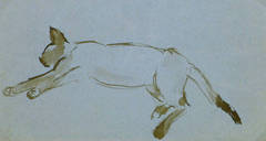 Antique Ink Wash Drawing - Siamese Repose