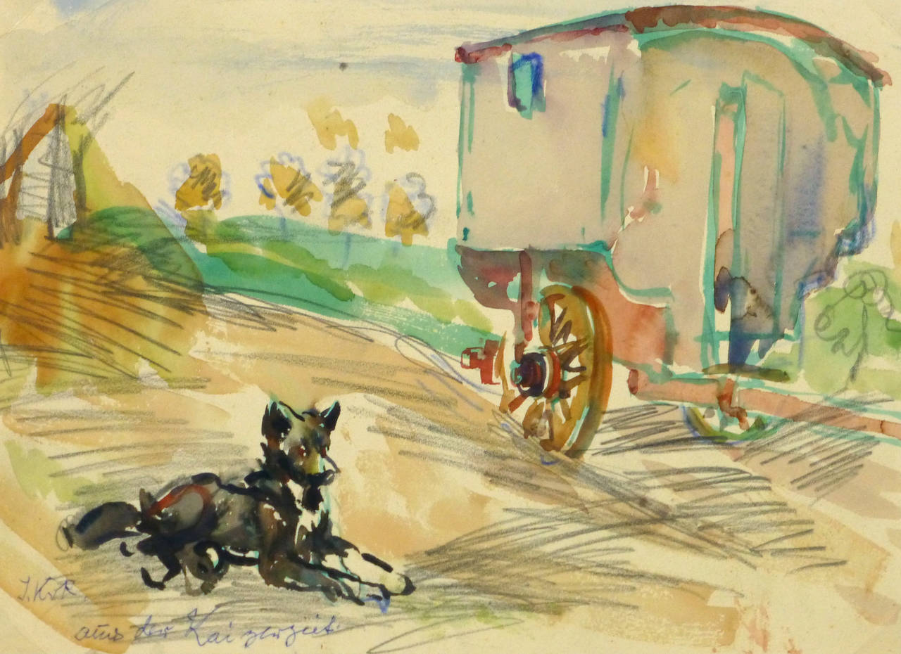Vintage Watercolor Landscape - Gypsy Dog - Art by Kaupisch Von Reppert Irmgard