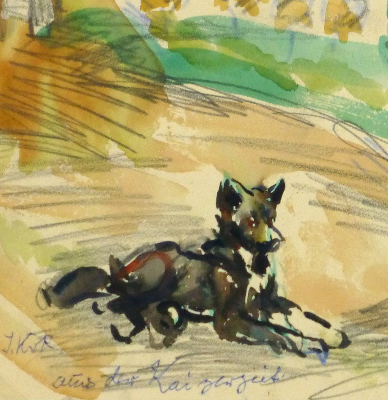 Vintage Watercolor Landscape - Gypsy Dog 1