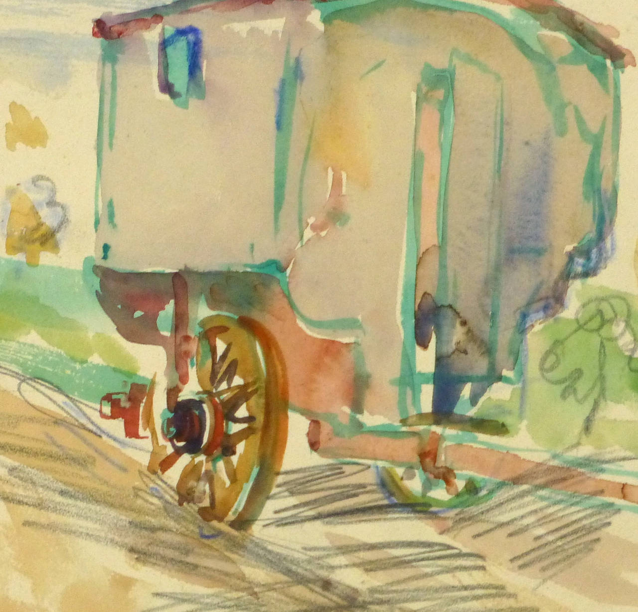 Expertly rendered watercolor and ink painting of a small gypsy caravan with a handsome dog sitting alert by artist Kaupisch Von Reppert Irmagard, circa 1950. Initialed and titled lower left.

Original one-of-a-kind vintage work of art on paper