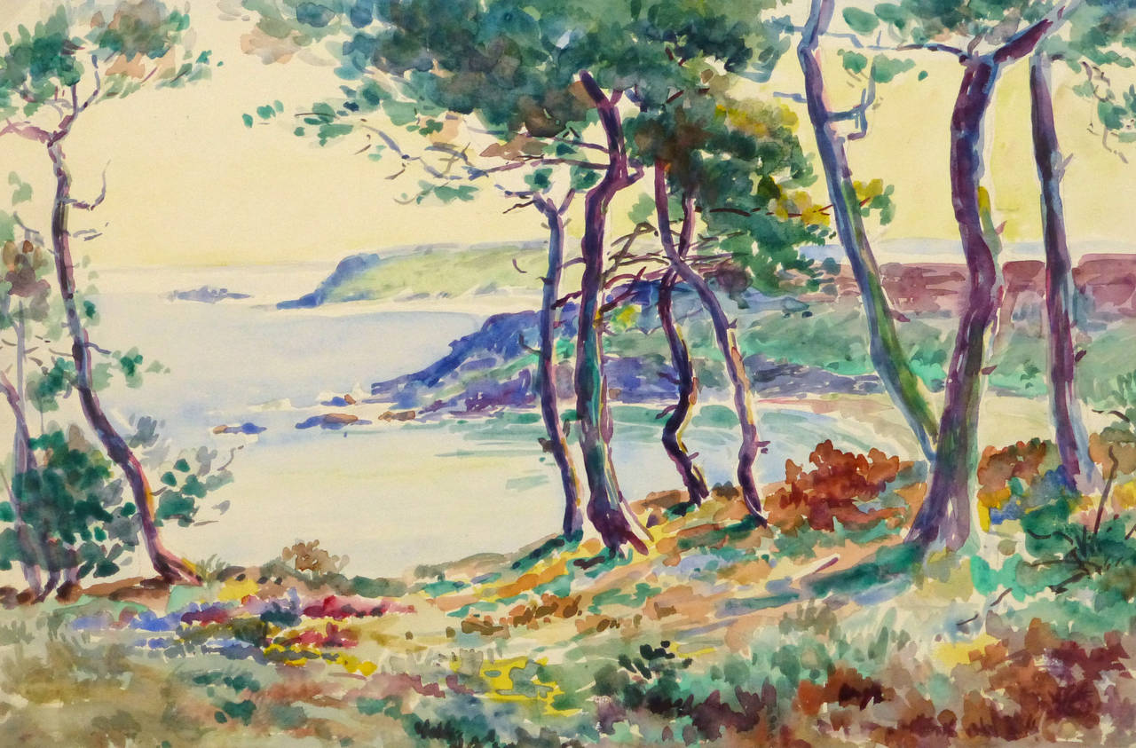 Roger Tochon Landscape Art - Vintage French Watercolor Landscape - Point of View