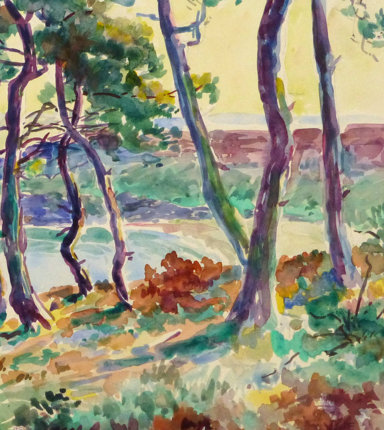 Vintage French Watercolor Landscape - Point of View - Beige Landscape Art by Roger Tochon