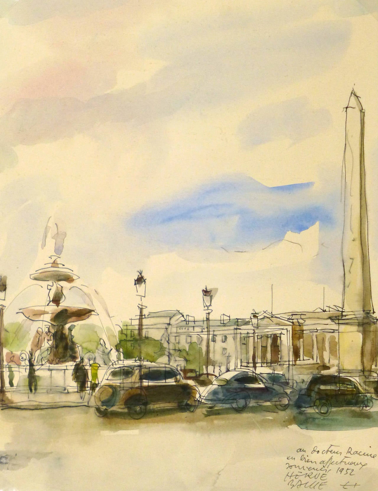 Herve Baille Landscape Art - Vintage French Ink and Watercolor Landscape - Place de la Concorde Paris