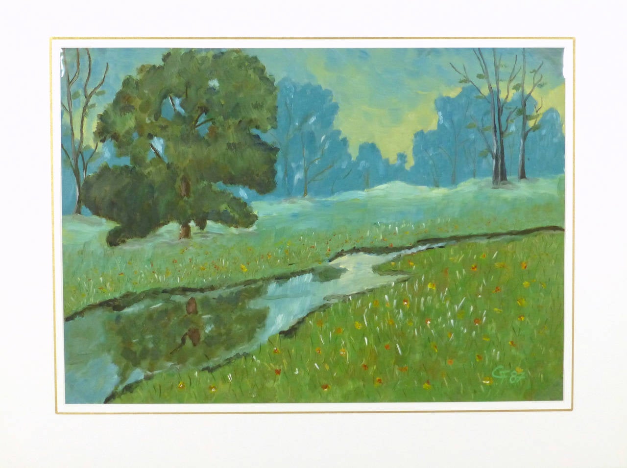 Tranquil, dream-like acrylic landscape of a shimmering creek winding through a flower-dotted meadow at dusk, 1987. Artist unknown. Initialed 