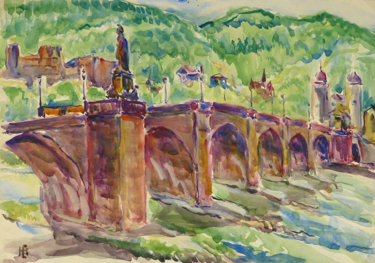 Unknown Landscape Art - Vintage Watercolor Landscape - Heidelberg Bridge