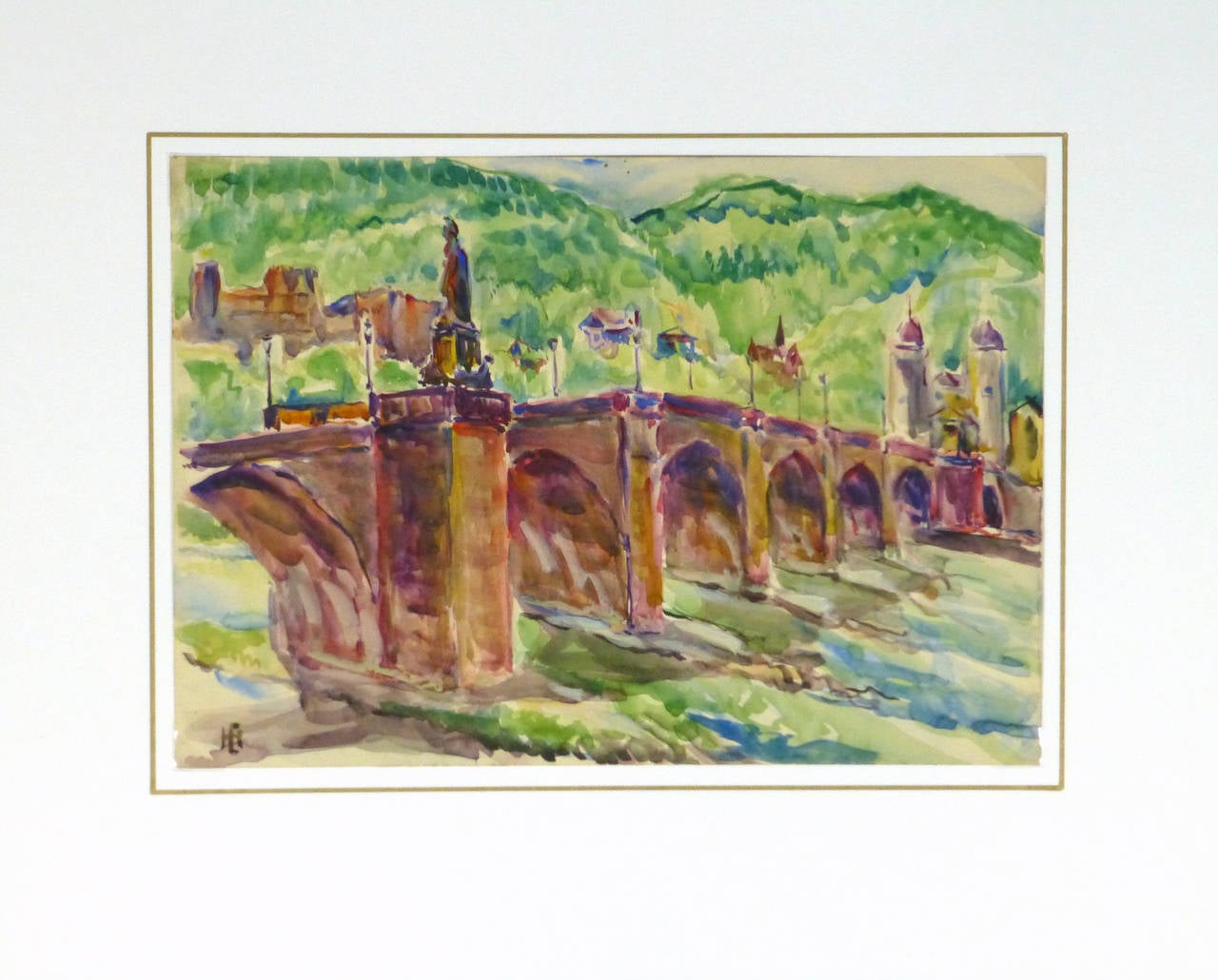 Helles Aquarell der Karl-Theodor-Brücke in Heidelberg, Deutschland, 1950. Signiert unten links, Künstler unbekannt.

Einzigartiges Originalkunstwerk auf Papier, das auf einer weißen Matte mit Goldrand präsentiert wird. Die Matte passt in einen