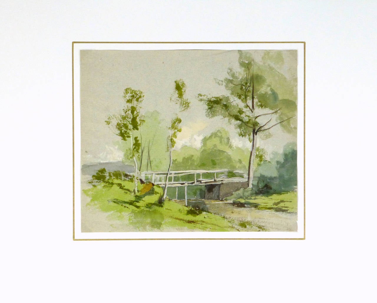 Charming gouache painting of a small wooden foot bridge spanning a peaceful river, 1923. Titled 