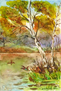 French Watercolor Landscape - The Duck Pond