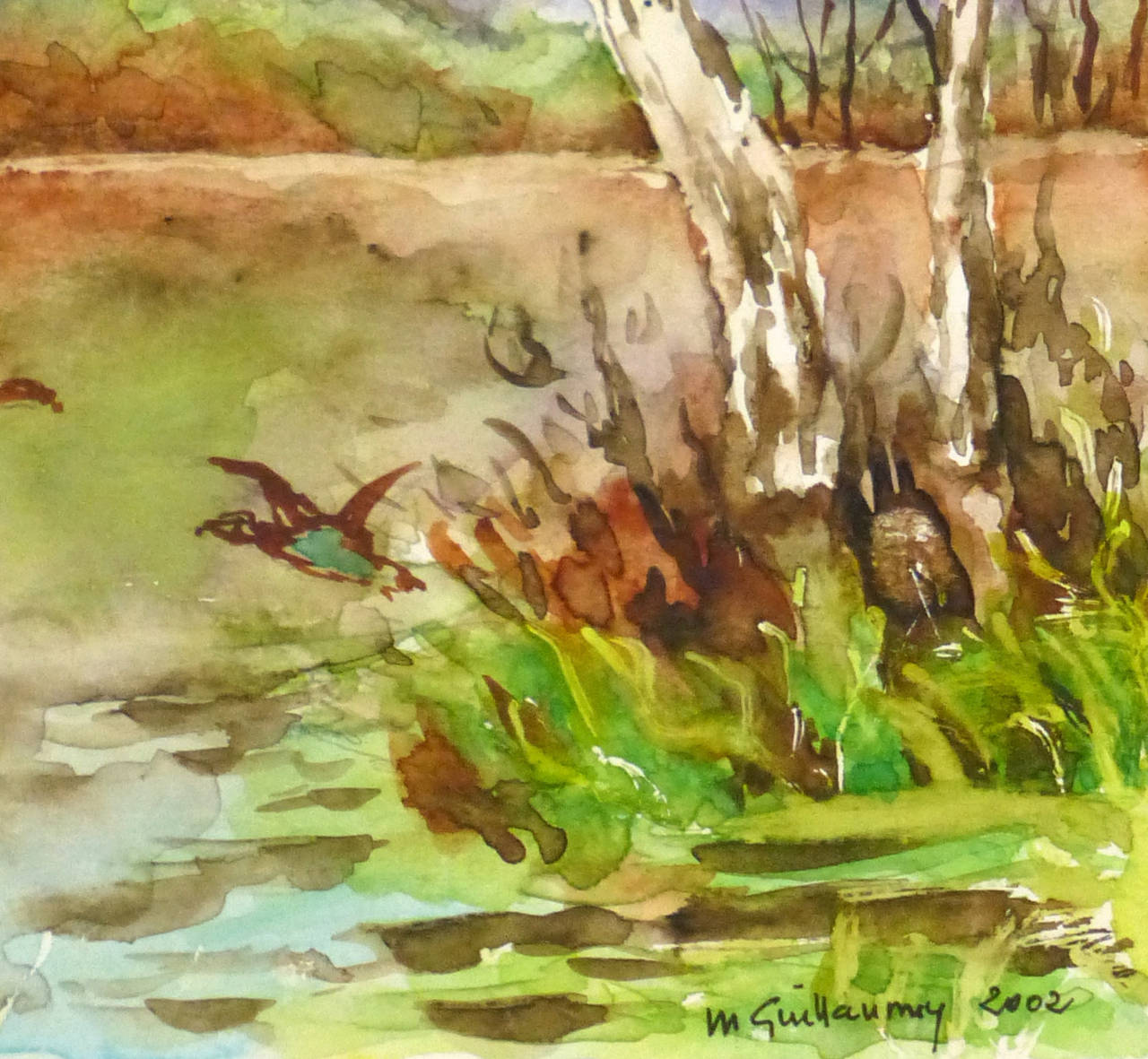 French Watercolor Landscape - The Duck Pond