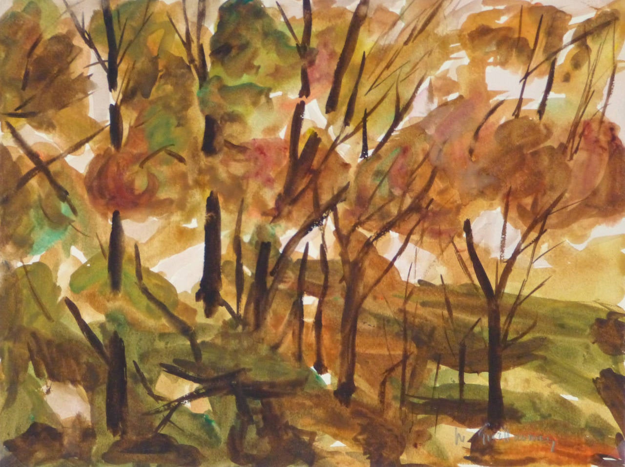 M. Guillaumey Landscape Art - French Watercolor Forest Landscape