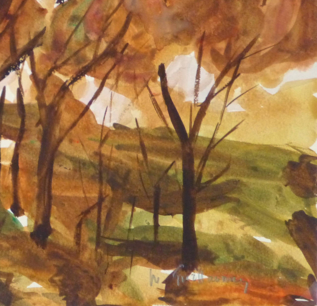Aquarelle - Paysage forestier français - Marron Landscape Art par M. Guillaumey
